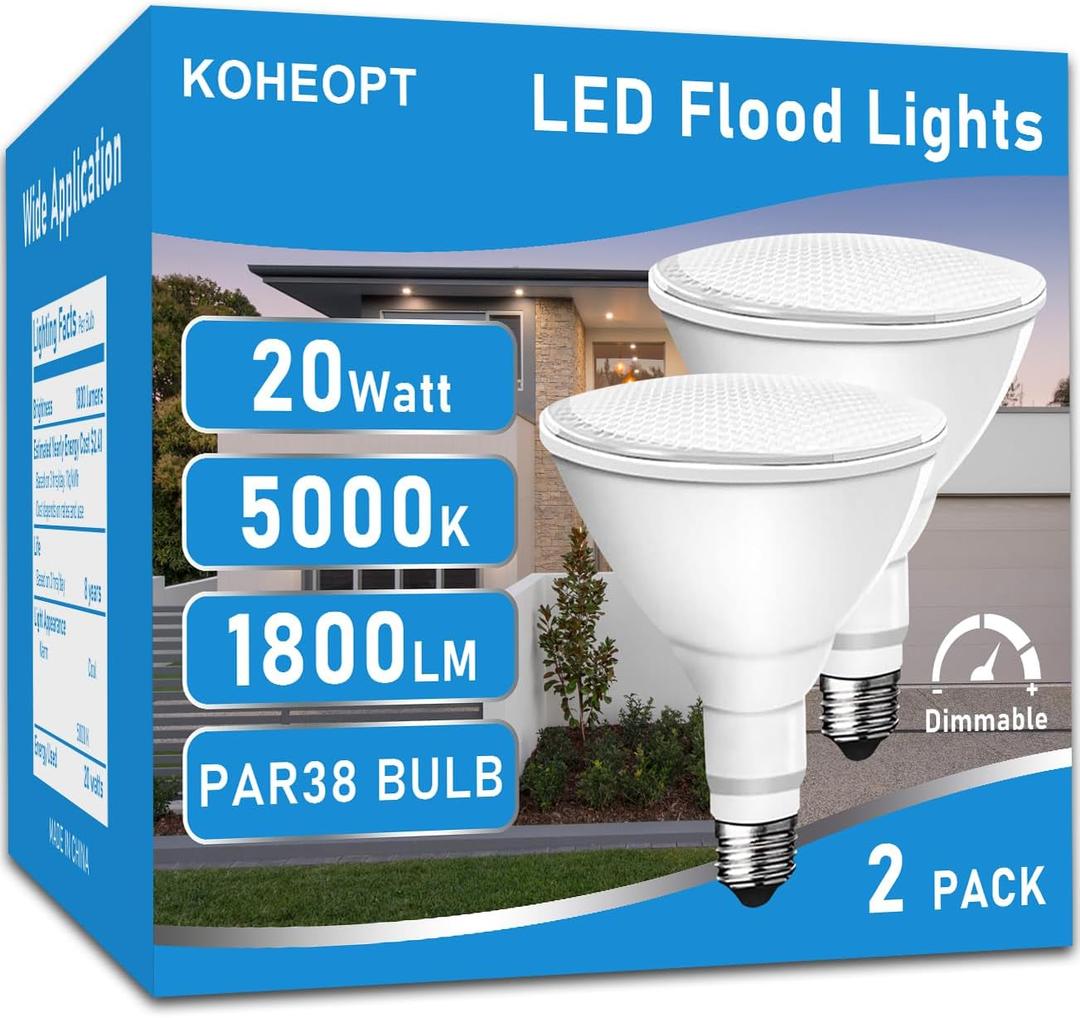 PAR38 LED Flood Light Bulbs, 2 Pack 20W Outdoor Flood Lights,1800 Lumens 5000K Dimmable Daylight, Replaces 200W Bulb, Outdoor Flood Light Bulbs for Backyard,Garage,Porch,Garden