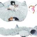 Plush Feline Tunnel Bed with Central Cushion - Indoor Cat Tunnels - Donut-Shaped Cat Bed with Anti-Slip Base - Spacious Cat Tunnel Hideaway for Kittens, Rabbits, Puppies, Ferrets