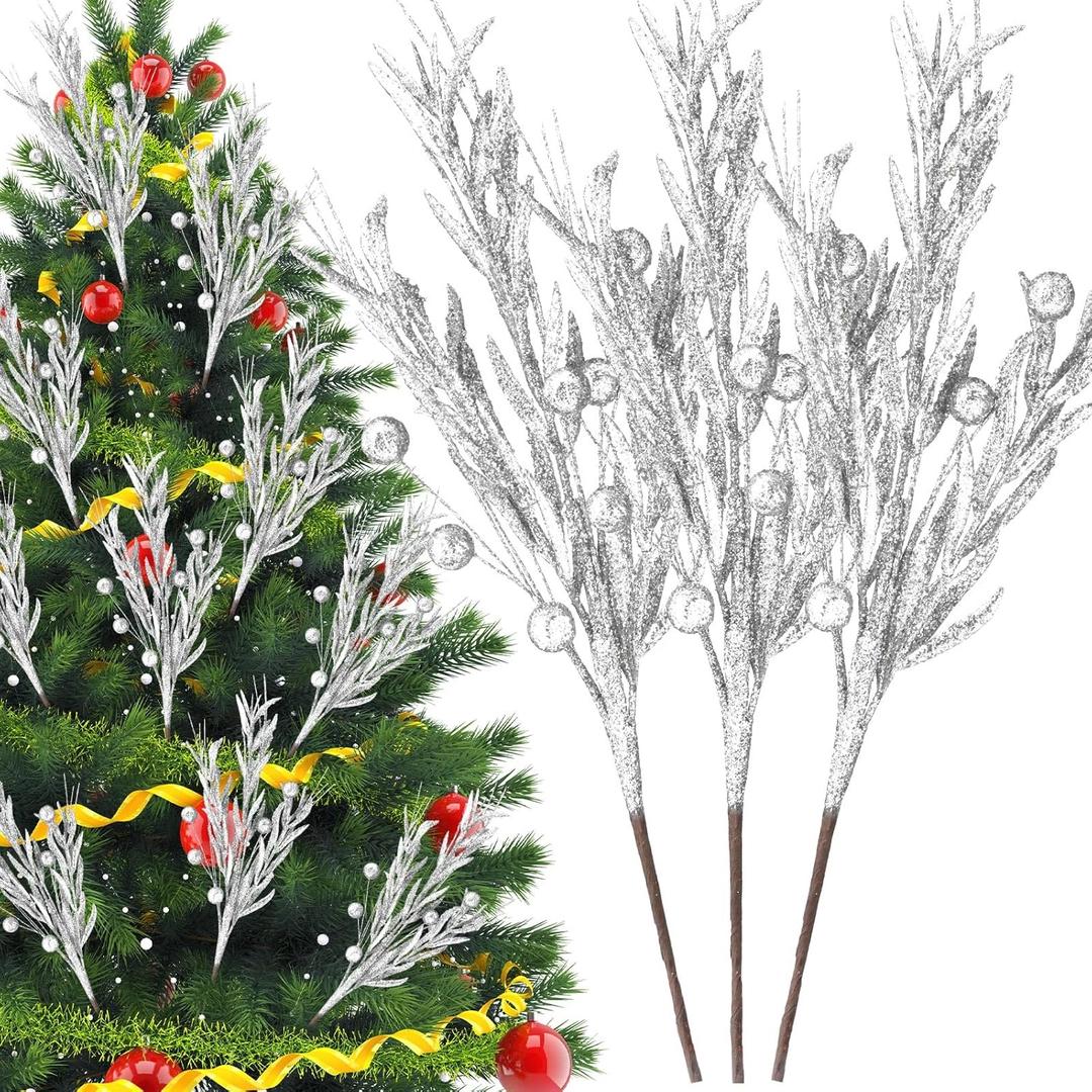 Giegxin 20 Pcs Christmas Artificial Glitter Berry Stems - 18.8'' Glitter Berry Branches Ornaments Christmas Tree Picks and Sprays for DIY Xmas Wreath Vase Holiday Wedding Party Decor(Silver)