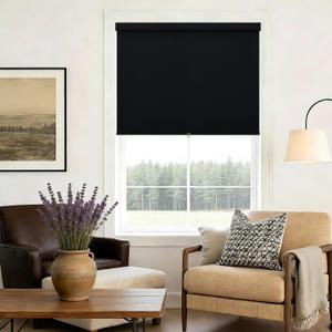 100% Blackout Roller Shades Cordless Blinds for Windows, Free-Stop Blind with Linen Valance Thermal Insulated UV Protection Privacy Pull Up Window Shades for Bedroom Living Room Black 36" W x 72" H