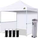 Eurmax USA 10'x10' Pop-up Booth Canopy Tent Commercial Instant Canopies with 1 Full Sidewall & 2 Half Walls and Roller Bag, with 4 SandBags + 2 Cross-Bar (White)