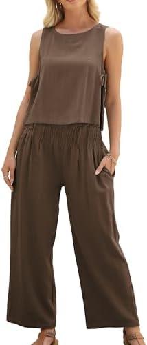 HYLLGUD Women's Summer 2 Piece Outfits Linen Sleeveless Crop Top Palazzo Wide Leg Pants Pockets Beach Lounge Set XL