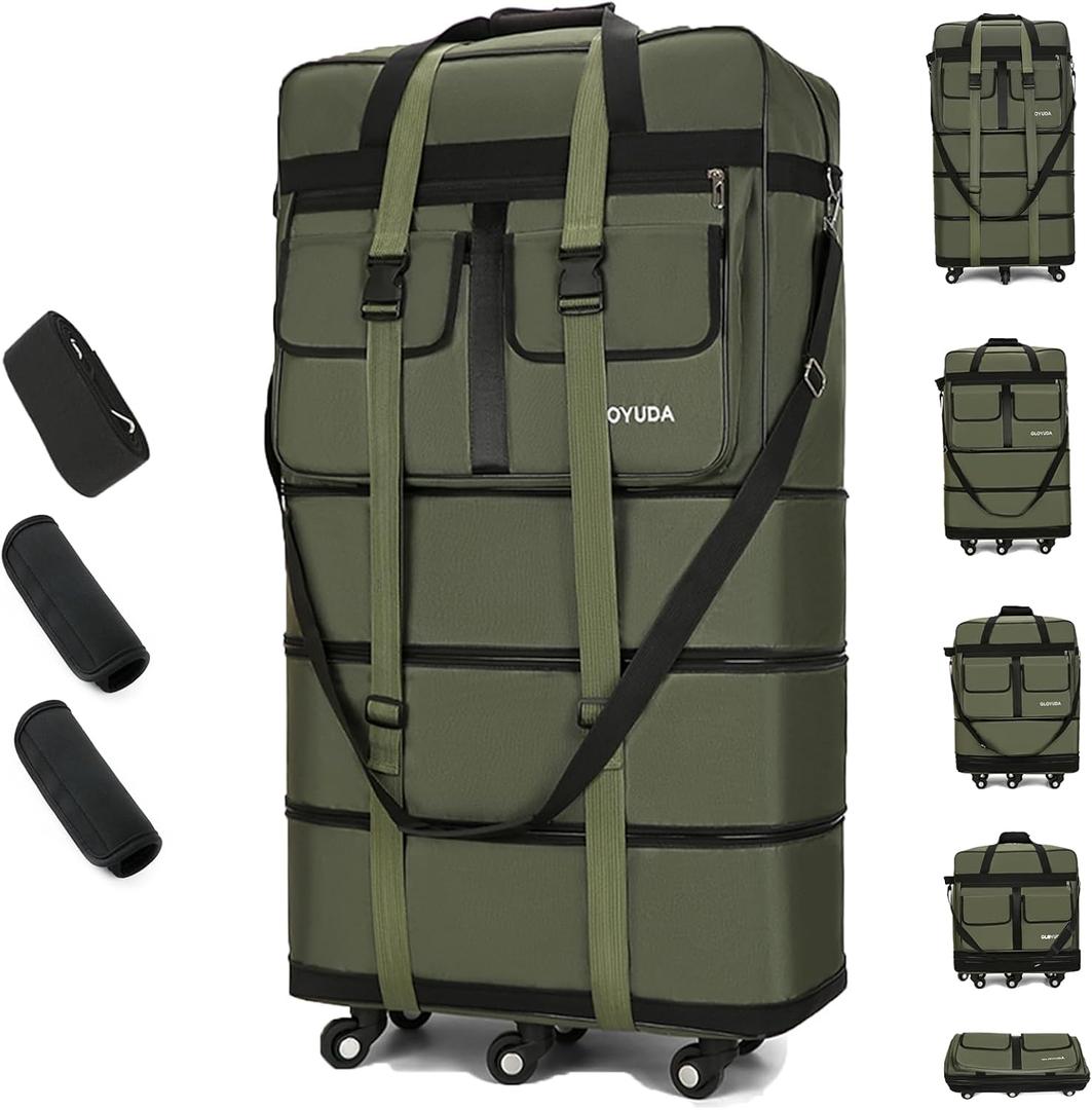 130L Expandable Luggage, 40 Inch Suitcase with Wheels, Collapsible Luggage with Wheels, Rolling Duffle Bag with wheels, Foldable Suitcasewith2Handle Wrap 2Fixing Straps 1Shoulder Strap (Green), Large