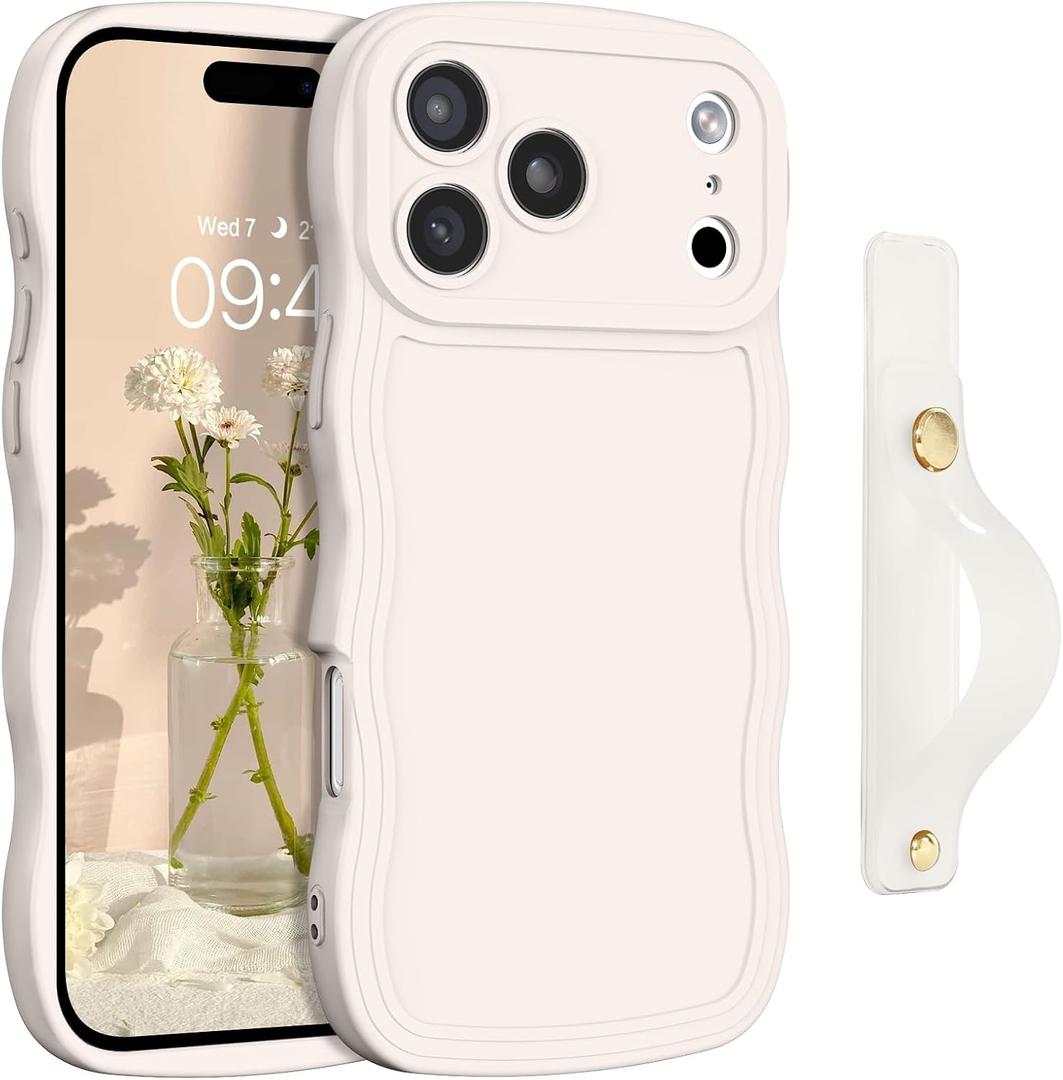 GUAGUA for iPhone 17 Pro Max Case with Wrist Strap, Wavy Edge Phone Case Cute Curly Shape with Adjustable Wristband Kickstand Shockproof Anti Slip Phone Case for iPhone 17 Pro Max, Antique White