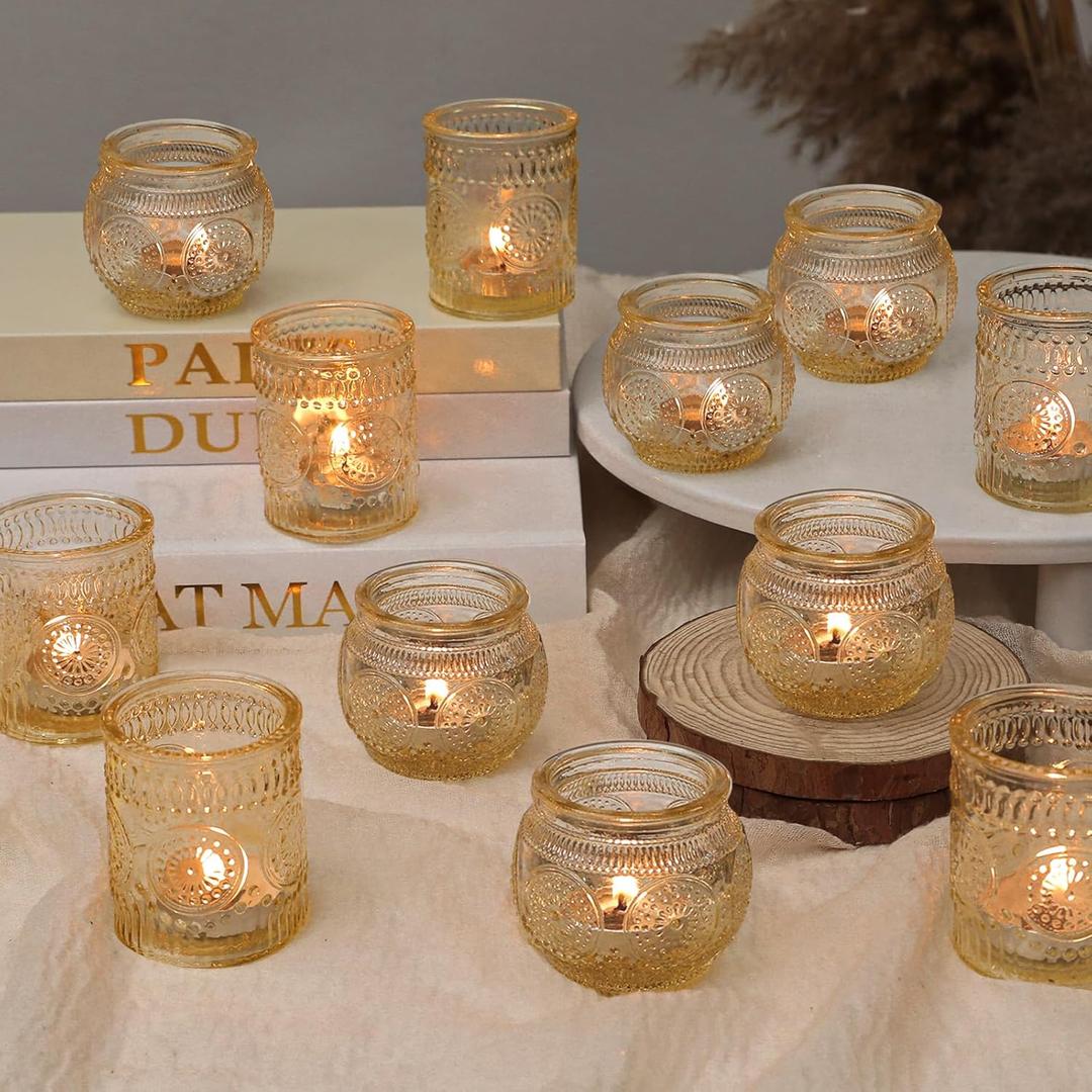 12 Pcs Clear Gold Glass Votive Candle Holders, Vintage Candle Holder Bulk, Tealight Candle Holders for Table Centerpieces, Home, Bridal Shower, Birthday, Party Table Decor