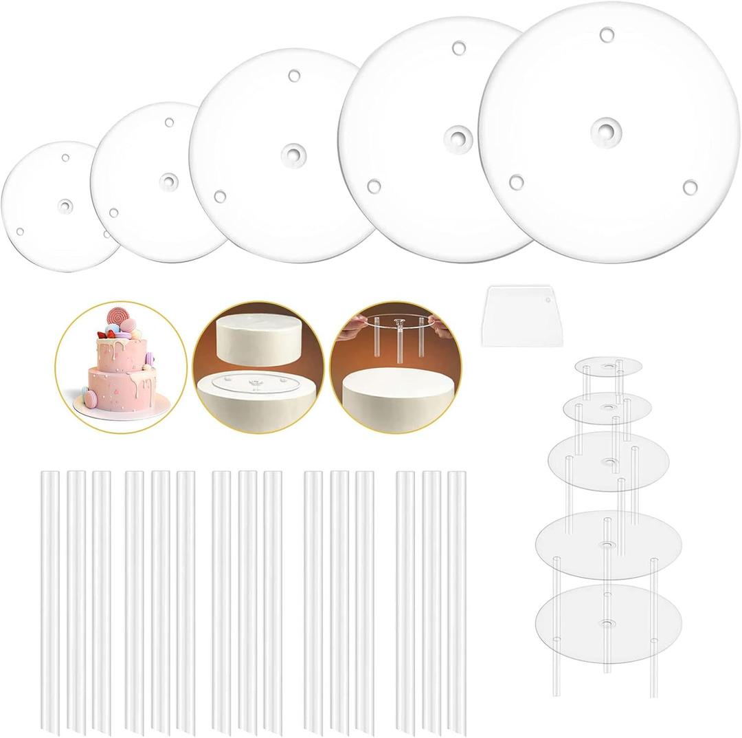 5 Pieces Cake Separator Plates Stands, Cake Base with 15 Pieces Plastic Cake Dowels Rods, Reusable for Tiered Stacked Cakes, for Wedding Birthday Party Festival.
