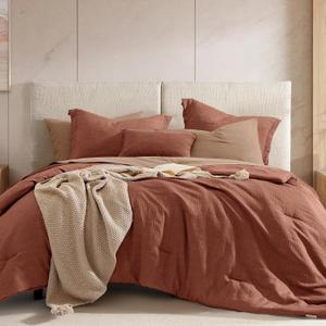Geniospin Queen Size Comforter Set- 7 Pieces Terracotta Textured King Bedding Set, Soft Solid Bed in a Bag for All Seasons, Fall Comforter Set with Sheets