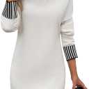Color Block Sweater Dress for Women Mini - Long Sleeve, Mock Neck, Short Knit Dresses, Casual Fall Dresses (Medium, White)