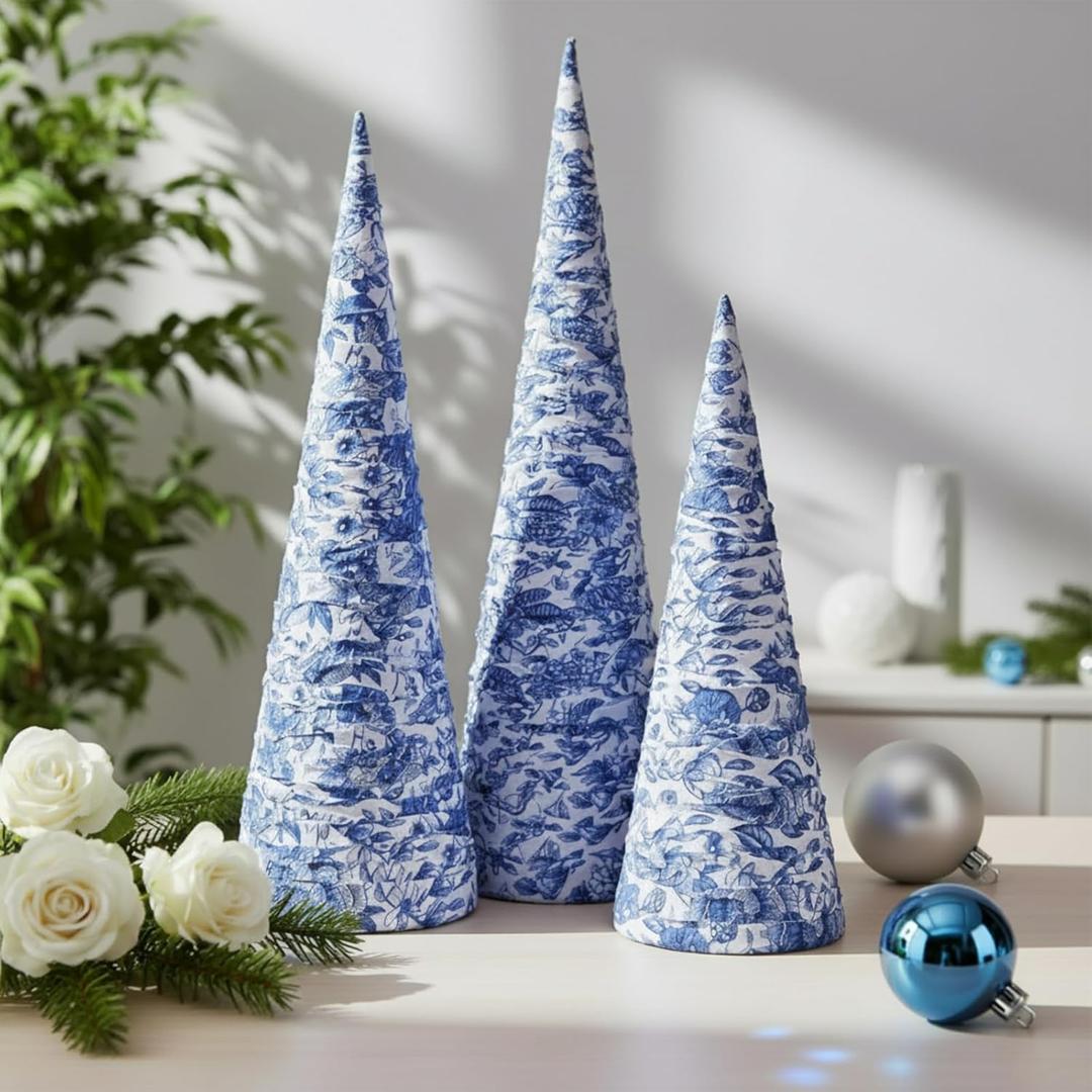 3 Set 14" 12" 10" Blue and White Christmas Tree Decor Chinoiserie Christmas Tree Table Decor Large Cone Porcelain Xmas Trees for Holiday Wedding Party Mantle Table Centerpiece Home Indoor Outdoor