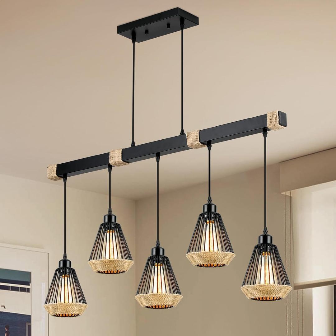 Farmhouse Pendant Lights Kitchen Island | 5-Light Lantern Hanging Light Fixtures with Hemp Rope Woven Lampshade for Dining Room | Bar | Sink | Barn | Rattan Pendant Light (Matte Black)