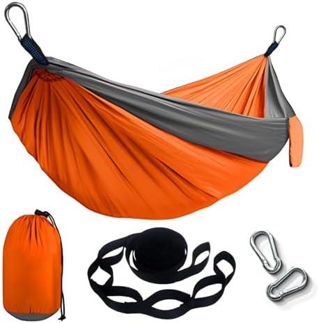Portable Hammock and Travel Lightweight Backpacking Hammock Swing with Stainless Steel Clip and Tree Straps for Camping Hiking Backyard Lounging Outdoor Hammock (Orange+Gray)