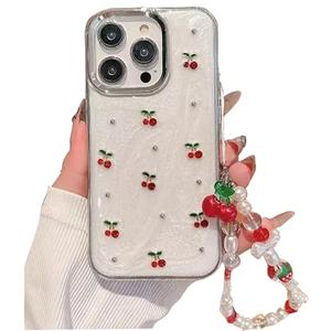 Cute Case for iPhone 15,Red Cherry Pearls with Phone Charm Chain,Pearlized Fruit Case for Women Girls Designed Shockproof