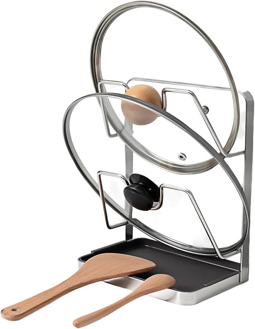 304 Stainless Steel Pot Lid Holder While Cooking, Kitchen Spoon Rest with Lid Holder for stove top, Multifunctional Kitchen Pot Lid Organizer for CountertopSilver