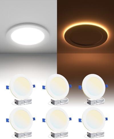 Ensenior Pack of 6 6 Inch LED Recessed Ceiling Light with Night Light, Dimmable, 2700K-5000K 5CCT, 1050LM 12W 120V, High Brightness Canless Wafer Downlight - FCC