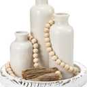 5 Pcs Rustic Country Tabletop Centerpieces Decor Set of 3 Boho Ceramic Vases with Wooden Serving Tray Wood Bead Garland Tassels Table Holder for Home Decorations(White)
