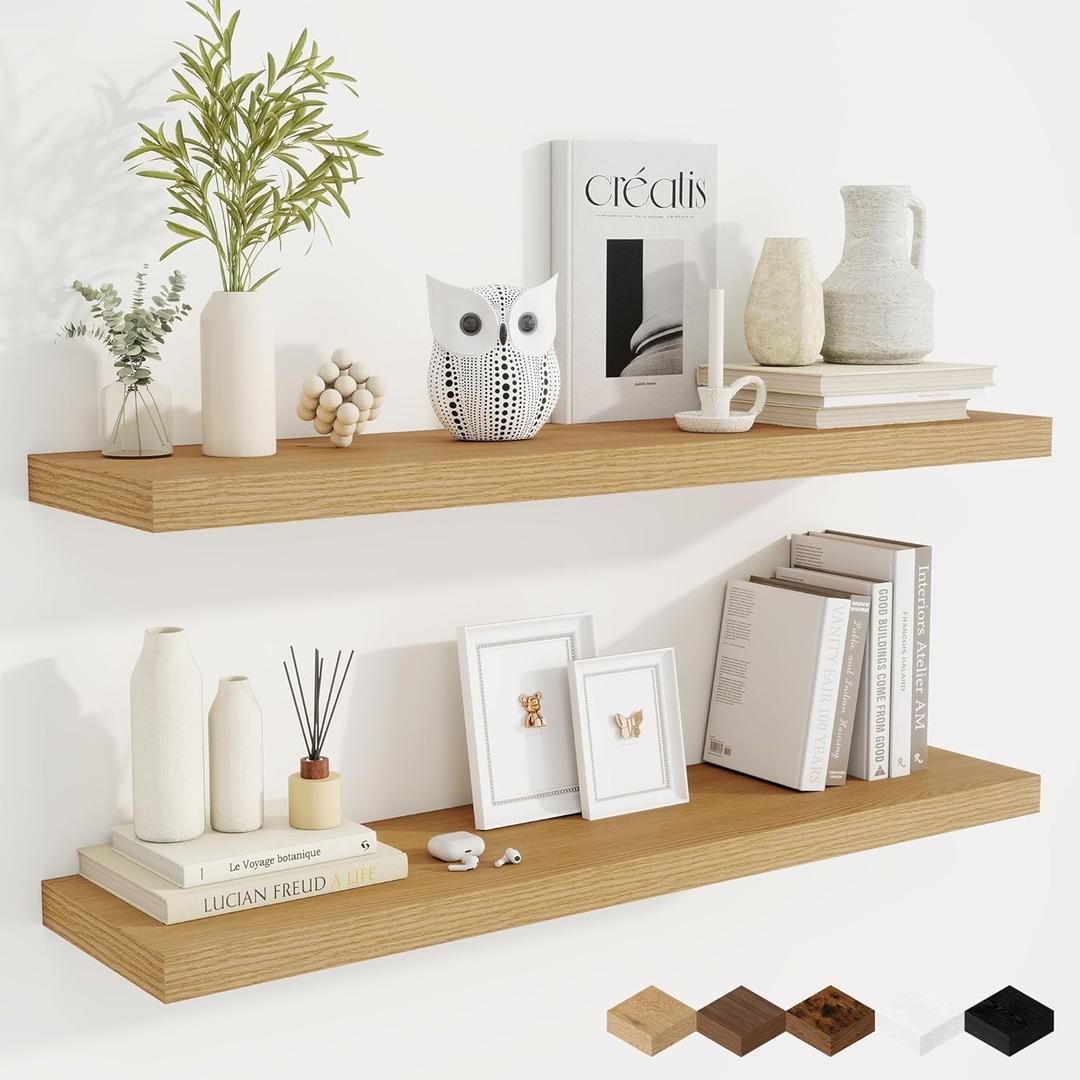 Fun Memories 40 Inch Oak Floating Shelves, 9.3 Inch Deep Wall Shelves for Living Room|Bedroom|Kitchen, Rusitc Wall Mounted Bathroom Shelves 2 Pack, Heavy-Duty Deep Shelf for BooksDecor