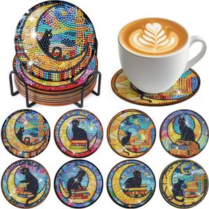 Sitsink Black Cat Diamond Art Coasters - 8 Pcs DIY Black Cat Moon Adult Diamond Painting Coasters Kits with Holder for Adults Beginners Gift Crafts Supplies