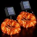 QITONG Orange Solar Christmas Lights, 2 Pack Each 33ft 100 LED Rope Lights Outdoor Waterproof, Fairy Lights in Clear Thin Tube with 8 Modes for Thanksgiving Fall Decor