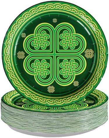 Greencian 50Pcs St Patrick's Day Party Supplies 10" Large Green Stripes Shamrock Paper Plates Disposable Stripes Shamrock Plates for St Patricks Day Irish Holiday Birthday Party Dining Decorations