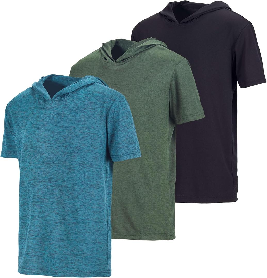 3 x Real Essentials 3 Pack: Boys Dry-Fit Youth Teen Active Athletic Short Sleeve Workout Hoodie - Hooded Pullover Shirts (XL)