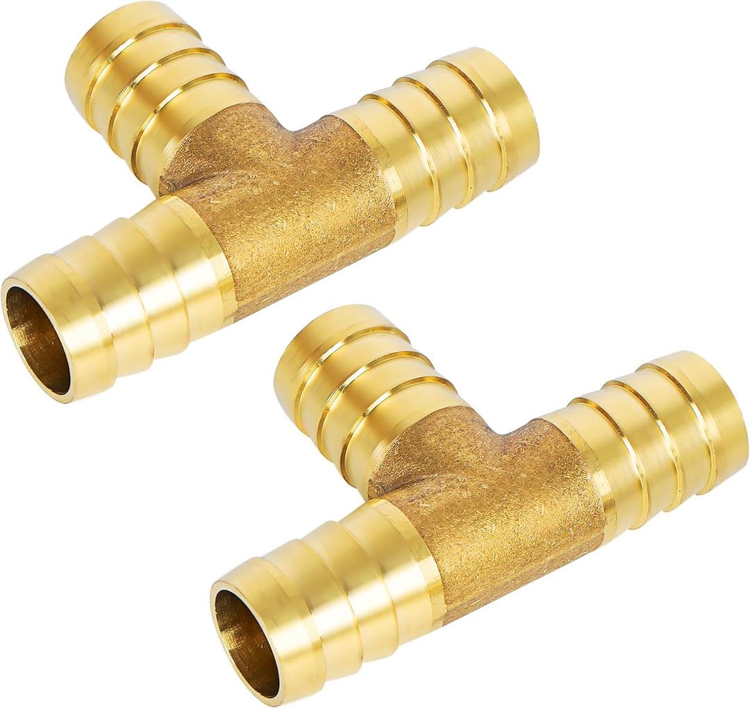 3/4 Inch (19mm) Brass Barb Tee Fittings T-Shaped 3 Ways Union Fitting, Hose Splicer Fitting, for Water/Fuel/Air, 2 PCS