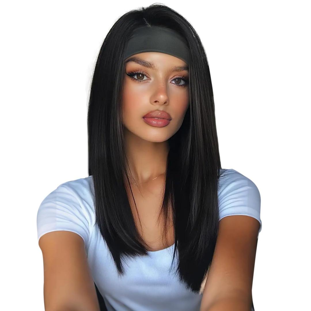 PHOCAS Long Black Headband Wig 14" Synthetic Straight Headband Wigs For Black & White Women, Natural Wear and Go Glueless Wig Ice-Silk Head Band Wigs for Daily Travel Party Gym Use