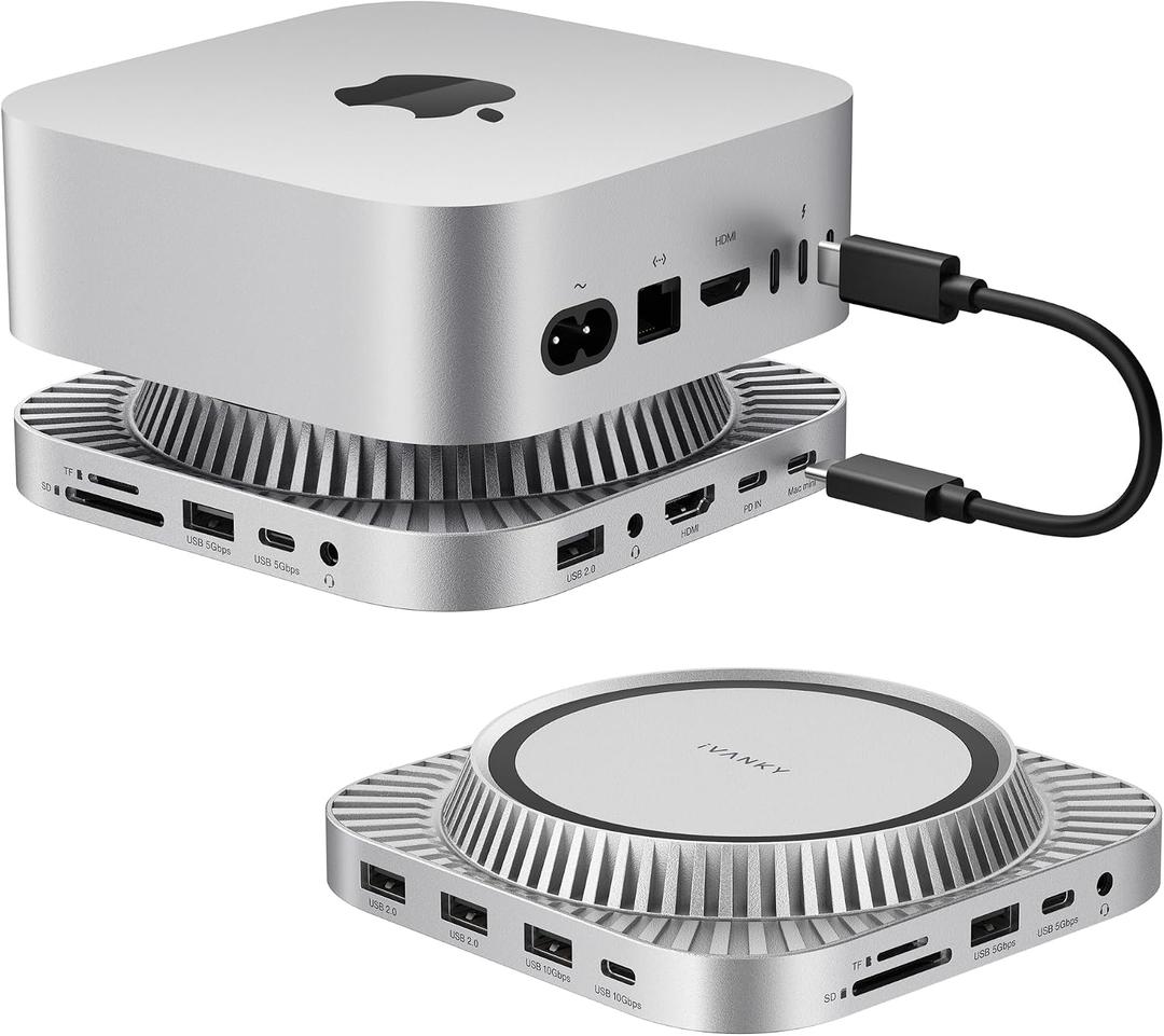 IVANKY 13-in-1 Mac mini M4 &M4 Pro (2024) Dock, 4K@144Hz HDMI,10Gbps USB | Dual Extended Displays Docking Station Stand for M5, with M.2 NVMe SSD Enclosure Hub, SD/TF, Audio Ports*2, 20W PD Adapter*1