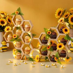 Gerrii 18 Pcs Mini Honeycomb Cupcake Stands Wooden Hexagon Cake Holders with Bees, Bee String Lights, Sunflower Vine Garlands for Baby Bee Gender Reveal Birthday Baby Shower (4.1 Inches,Natural)