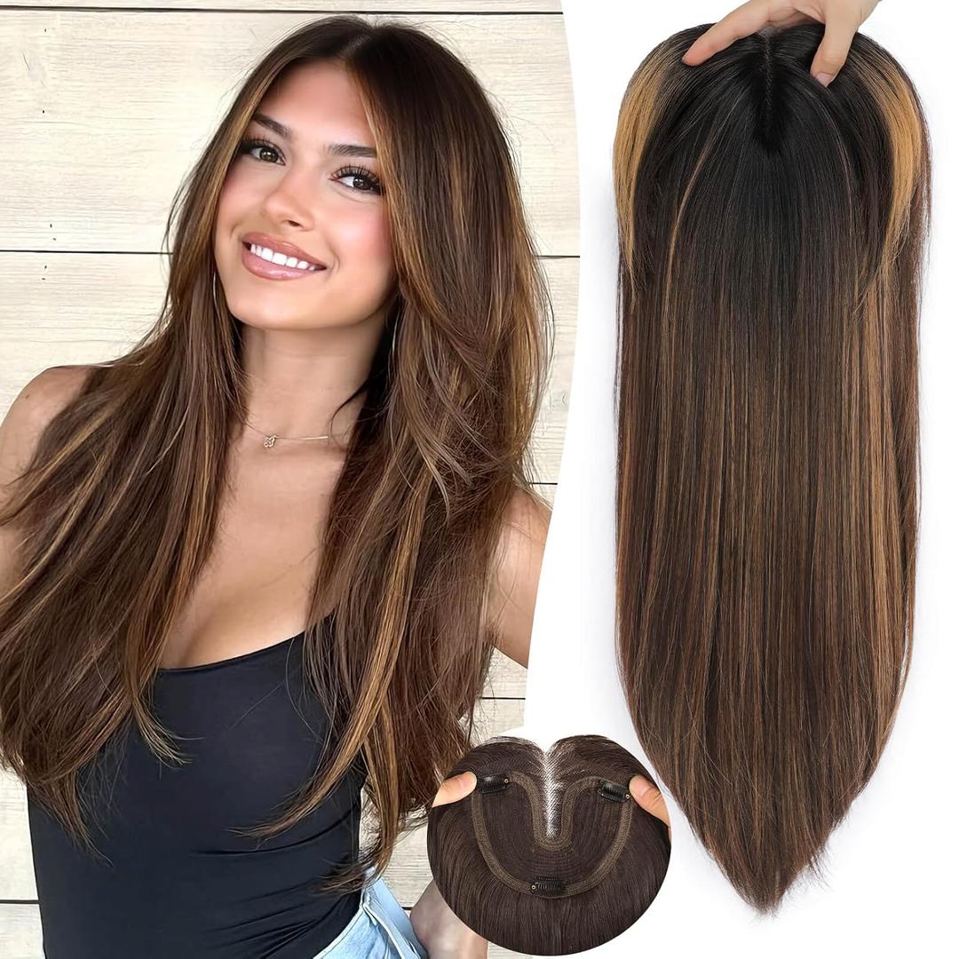 Eawwii Brown Highlight Synthetic Hair Toppers for Women with Thinning 5x6 inch Large Base Coverage Clip in Wispy Bangs Upgraded Adjustable Bandage 24 Inch Long Layered, Brown Highlight