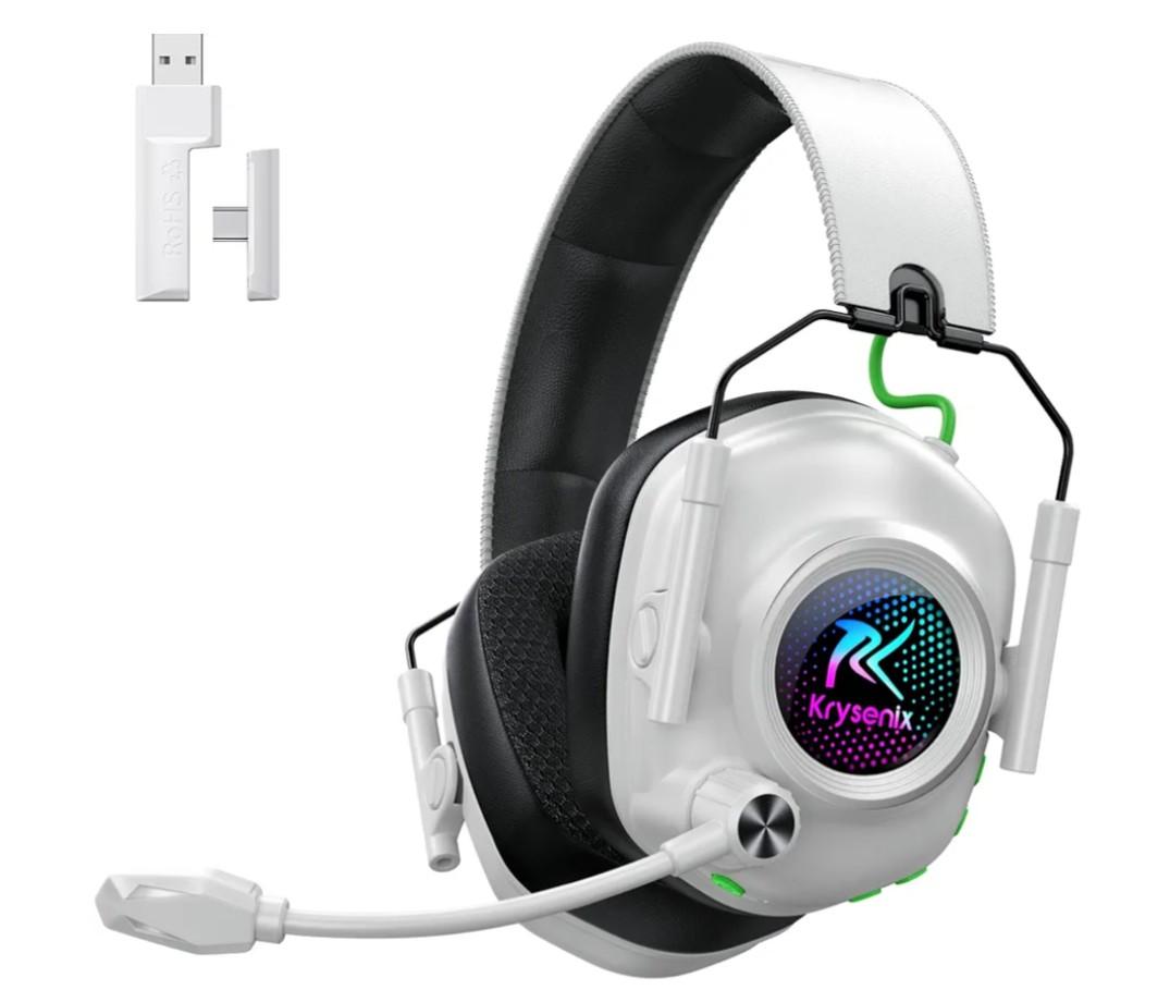 Wireless Gaming Headset with Noise Canceling Microphone for PC, PS5, PS4, Switch, Mac, 2.4 GHz Wireless & Bluetooth 5.4 Gaming Headphones, Cool RGB Lighting, 50Hr Battery, 50mm Drivers(White Black) Plus-Wireless