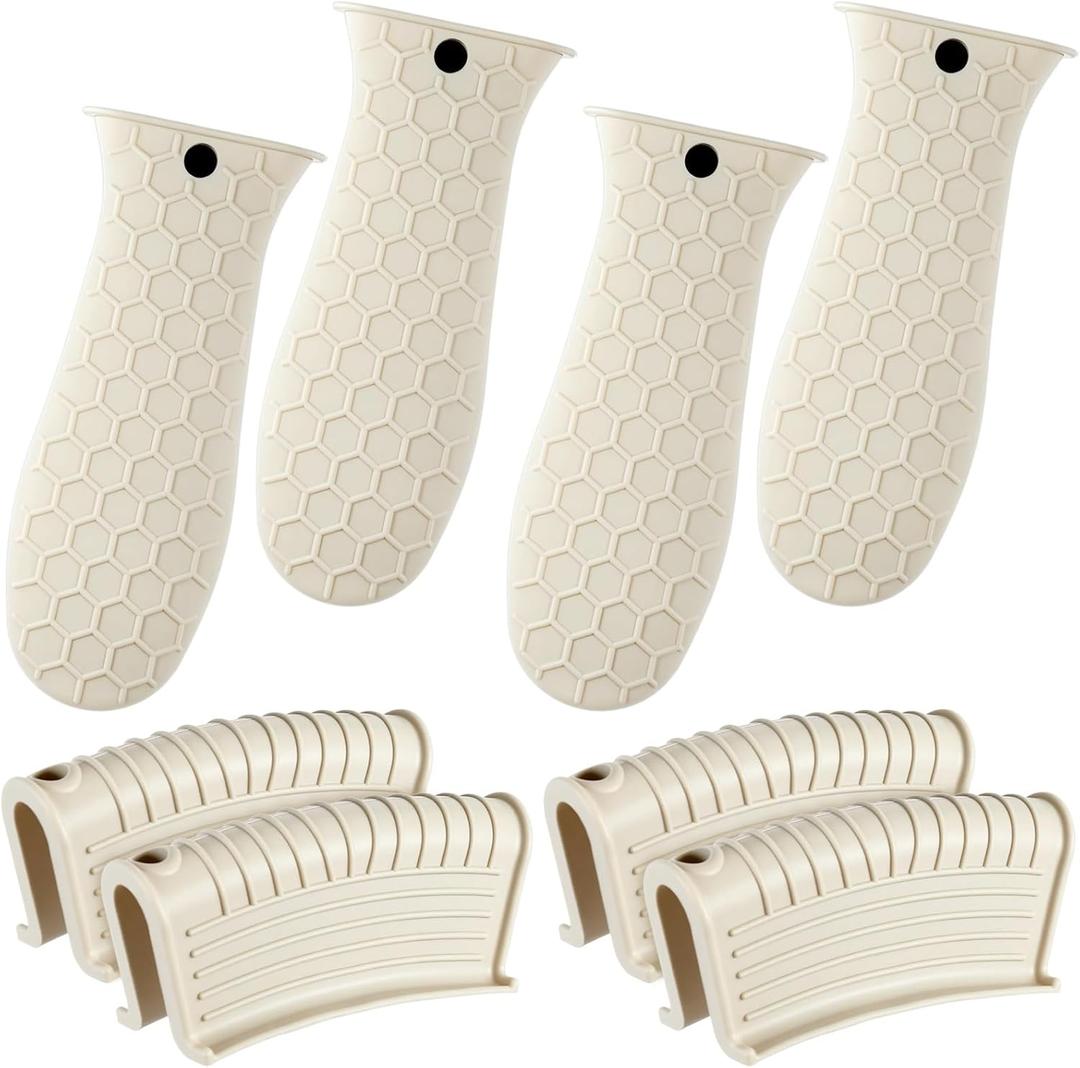 Patelai 8 Pcs Silicone Pot Holders Set Cast Iron Handle Cover Heat Resistant Pot Handle Covers Potholder Non Slip Reusable Pan Sleeve for Frying Pan Kitchen Supplies (Khaki)