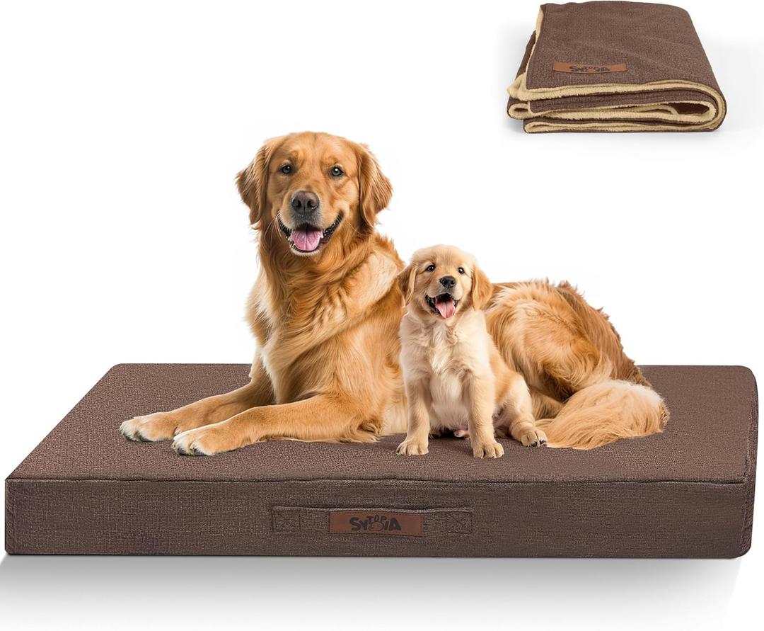 Sytopia 42'' XL Outdoor Indestructible Dog Beds for Extra Large Dogs with Detachable Blanket, Removable Waterproof and Washable Cover, Egg Crate Foam, Include Blanket, Brown