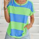 Tankaneo Womens Summer Tops Striped Oversized Short Sleeve Crew Neck Color Block Casual T Shirts Loose Basic Tee Blouses (Green, L)