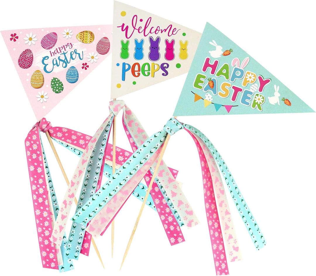 2 x 6Pcs Happy Easter Cake Toppers Easter Pennant Paper Triangle Flags with Ribbons Easter Party Table Centerpiece Decoration Supplies (Black)