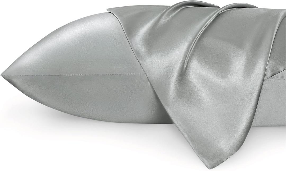 Bedsure Satin Pillowcase 2 Pack Similar to Silk Pillow Cases Standard Size, Pillow Case for Sleeping Women with Envelope Closure, Gifts for Women Men, Silver Grey, 20x26 Inches (Standard (20" x 26"), 01 - Silver Grey)