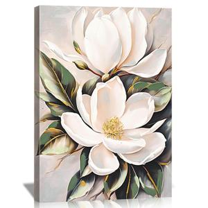 DRLWGTY White Flower Canvas Wall Art, Botanical Framed Wall Decor Aesthetic with Handmade Yellow Crystal Accents, Ready to Hang for Bedroom, Bathroom, and Living Room (Flower A, 24*32 in, Wrapped Canvas)