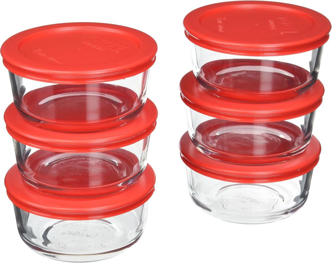 Pyrex 7200 2 Cup Clear Glass Storage Bowl with 7200-PC Red Plastic Lid, Made in USA - 6 Pack Made in the USA