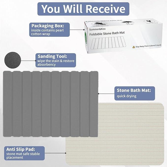 Foldable Stone Bath Mat, 2 PCS QuickDry Diatomaceous Earth Stone Drying Mat for Bathroom, NonSlip Rubber Base, Shower Mat Outside Shower, Easy to Store, Easy to Clean (Grey 24"×16" & 8"x4")