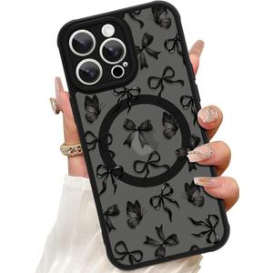 ZIYE Magnetic Case for iPhone 14 Pro Max 6.7 Inch [Compatible with MagSafe] Hard PC and Soft TPU Case with Black Bow Butterflies Anti-Scratch Shockproof Protection Phone Cover for Women - Black