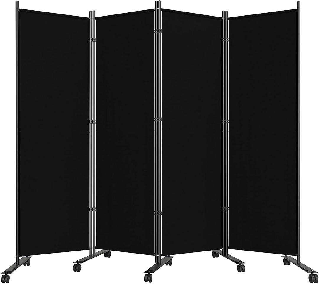 SUNALLY Room Divider 6FT Folding Privacy Screens with Lockable Wheels, 4 Panel Room Partition for Room Separator, 88" W Freestanding Portable Fabric Wall Dividers for Home Dorm Studio Office, Black
