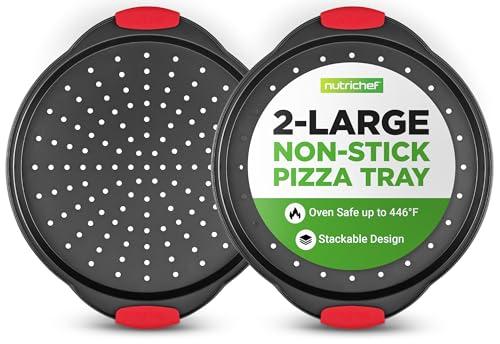 NutriChef 2-Piece 13-Inch Nonstick Pizza Tray, Round Carbon Steel Non-Stick Pizza Pan with Perforated Holes, Premium Bakeware Pizza Screen with Silicone Grip Handles, Dishwasher Safe, NCBPIZX2