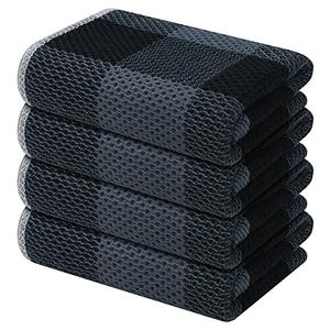 Mordimy 100% Cotton Waffle Weave Kitchen Towels, 13 x 28 Inches, Super Soft and Absorbent Buffalo Check Dish Towels for Drying Dishes, 4-Pack, Black & Grey