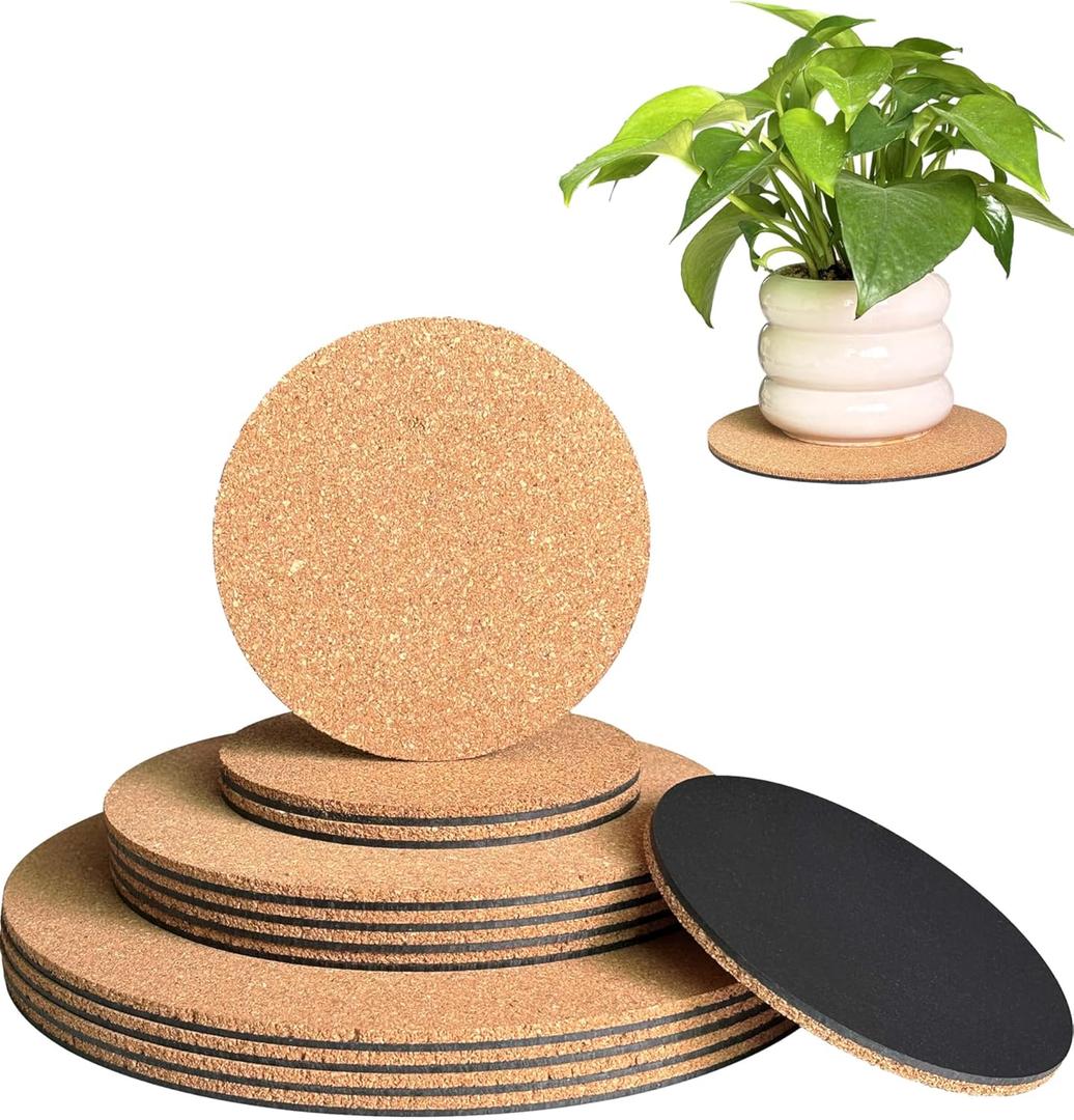12 Pcs Cork Plant Coasters & Saucers 4/6/8 Inch  Absorbent Round Mats for Indoor Flower Pots, Planters, Houseplants, Surface Protector for Table & Floor