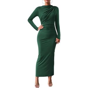 BTFBM Women Bodycon Maxi Dress Long Sleeve Back Slit Ruched Elegant Party Cocktail Formal Fall Wedding Guest Dresses (Medium, Dark Green)