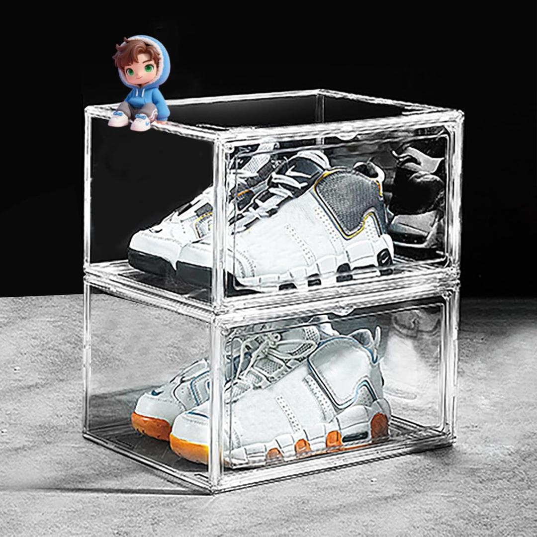 eYotto 2 Pack Acrylic Clear Shoe Storage Boxes Stackable, Acrylic Shoe Box US Size 14, Large Clear Shoe Organizer With Magnetic Door for Closet Cabinet Sneaker Hat Handbag