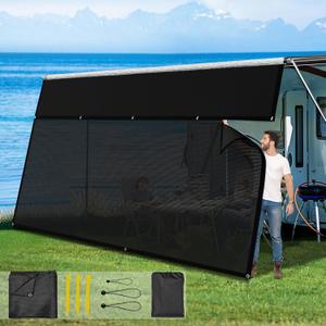 RV Awning Sun Shade Screen with Zipper 8' X 11'3",900D Oxford Cloth + Vinyl Mesh,Sunscreen Shade Complete Kits for Camper Trailer Awning,Black