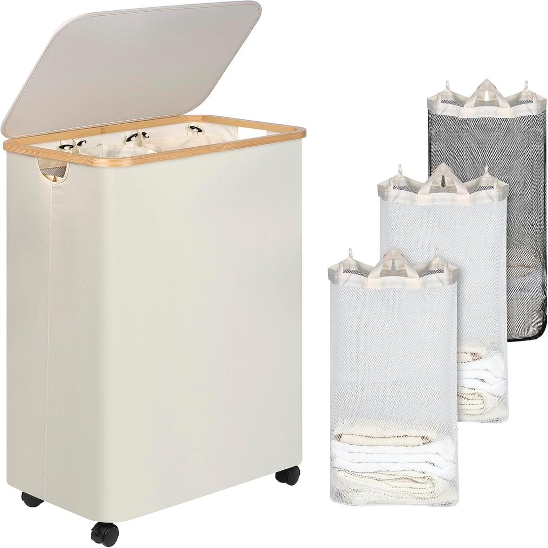 iEGrow Lagre Laundry Basket with Wheels, Laundry Hamper with Lid, 160L Clothes Hamper for Laundry with 3 Liner Bags, for Laundry Room, Bedroom, Dormitory Organization,Beige