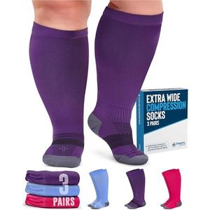 Doctor's Select 3 Pairs Plus Size Compression Socks Wide Calf | 20-30 mmHg Compression Socks for Women Wide Calf | Pink, Purple, Blue 2XL