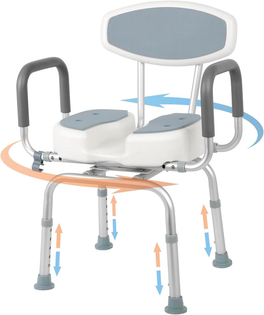 FAHKNS Swivel Shower Chair with Arms and Back, 400 lbs Heavy Duty U-Shape Seat for Inside Shower Stall and Bathtub, Height Adjustable Safety Bath Seat for Elderly and Disabled (Grey)