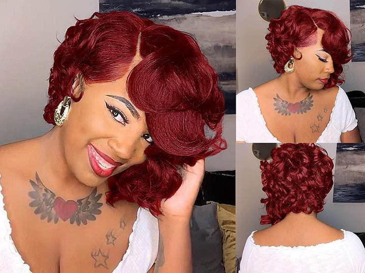 Short Ombre Bob Wig for Black/White Women - Synthetic Curly Hair, Red 